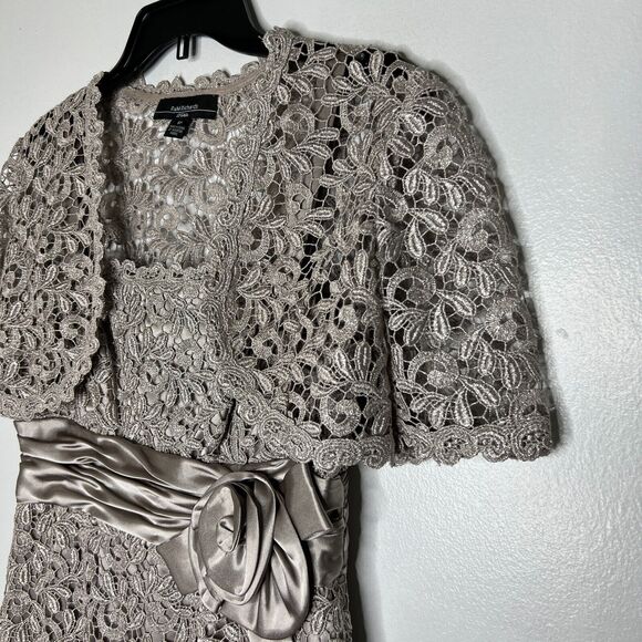 R&M Richards Petite 6P Metallic Lace Flower Dress with Satin Sash - Picture 2 of 12